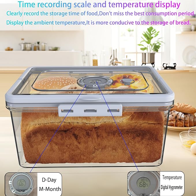 Bread Box With Digital Hygrometer, Portable Bread Boxes with Lid and Handle,New Upgrade Time Recording Bread Storage Container for Homemade Breads,Toast, Bagel, Donut and Cookies,Gifts for Mom Dad