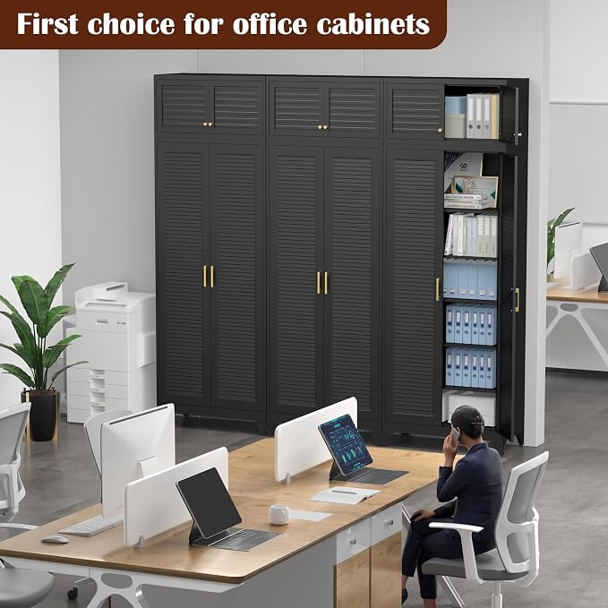 SteeLoong 90" Metal Storage Cabinet with Doors and 5 Adjustable Shelves | Kitchen Pantry Cabinet,Black Tall Freestanding Cupboard with Gold Handle,Steel Garage Cabinets for Tool,Office,Kitchen,School