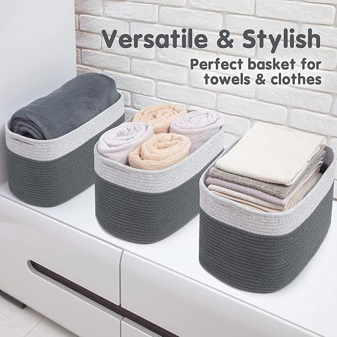 CHAT BLANC Cotton Rope Baskets for Organizing I Storage Baskets for Shelves | Rope Basket for Storage, Small Laundry Baskets, Woven Baskets for Storage, Dog Toy Bin, Baby Basket, Gray & Graphite 3Pack