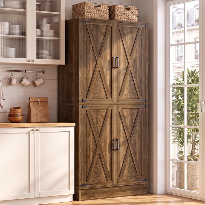 Unikito 71" Tall Kitchen Pantry Storage Cabinet with Built-in Drawer | 31.5" Wide Wood Farmhouse Storage Cabinet with Barn Doors and 3 Shelves, for Home Kitchen,Dining/Living/Laundry/Room
