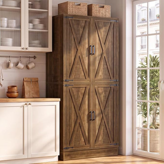 Unikito 71" Tall Kitchen Pantry Storage Cabinet with Built-in Drawer | 31.5" Wide Wood Farmhouse Storage Cabinet with Barn Doors and 3 Shelves, for Home Kitchen,Dining/Living/Laundry/Room