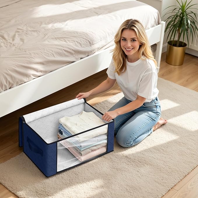 Fab totes 35L Closet Organizers and Storage, Foldable Under Bed Storage Containers, Storage bags for Organizing Bedroom, Closet, Clothing,Organization with Handle (3 Pack,Blue)