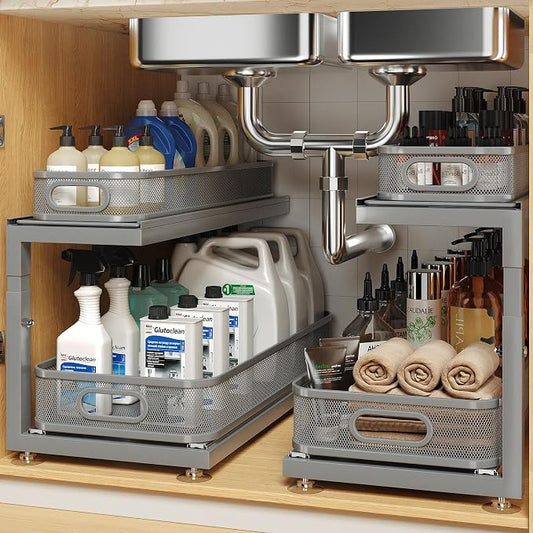 2-Pack 21.3 IN Depth Under Sink Organizer With Next-Gen Ball-Bearing Slides,Sophisticated Mesh 2-Tier Pull Out Shelf for Kitchen & Bathroom,Fits Small Items-Gun Gray