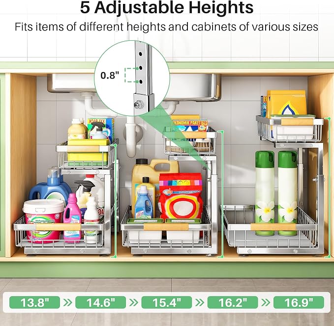 Kitstorack Under Sink Organizer, 2 Tier Under the Sink Storage, Slide out Pull out Cabinet Organizer Shelf, Metal Sliding Drawer for Kitchen Bathroom Pantry Closet Organization Rack, Silver, 1 Pack
