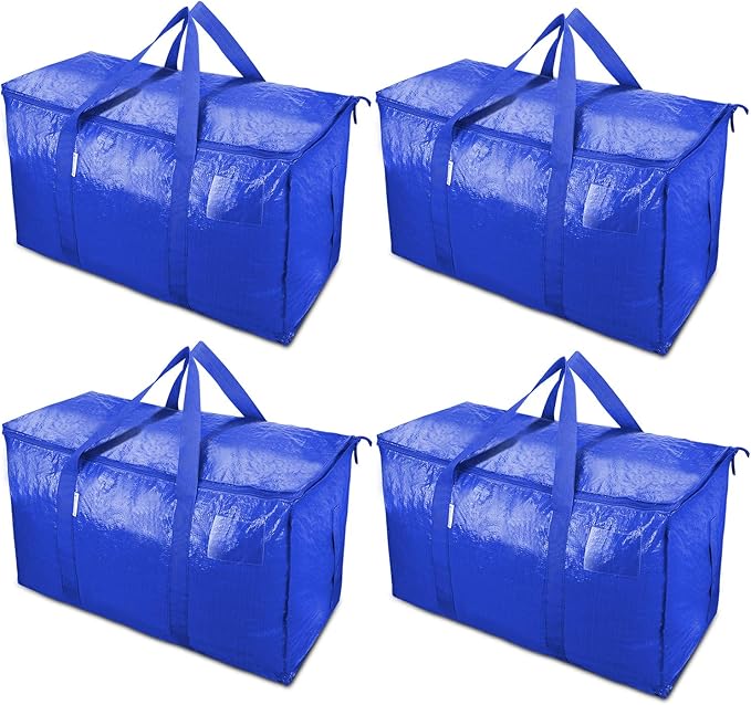 TICONN 4 Pack Extra Large Moving Bags Heavy Duty with Zippers & Carrying Handles, Durable Storage Bags Moving Boxes for Closet Organizers and Storage (4 Pack, Blue)