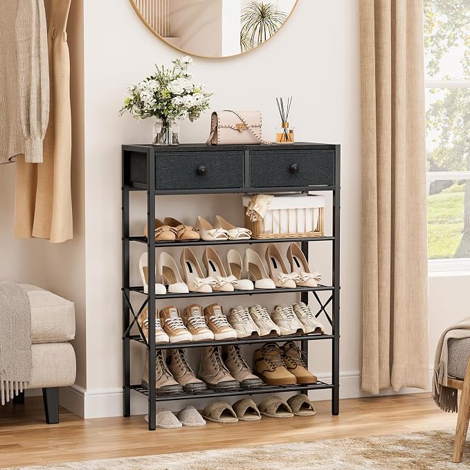 5 Tier Shoe Rack with 2 Drawers, 16-20 Pairs Black Grey | Holds 16-20 pairs. 2 drawers for socks/keys. Removable layer for boots. Anti-tip kit included. Quick assembly.