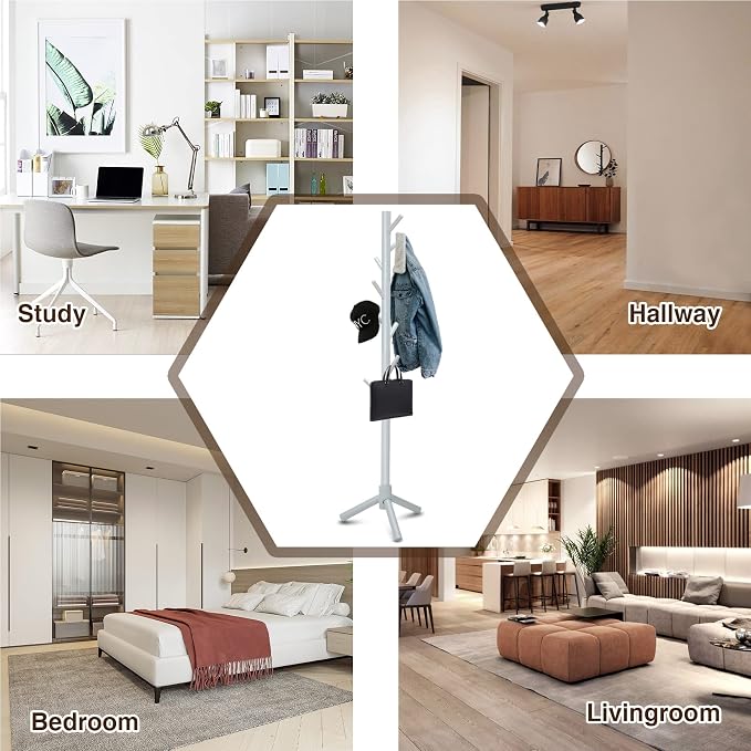 Haddockway Wooden Coat Rack Stand with 8 Hooks New Zealand Pine 3 Adjustable Coat Standing Tree Easy Assembly for Coats, Hats, Scarves and Handbags for Entryway, Hallway, Bedroom, Office