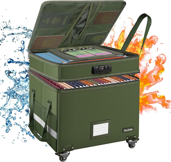 DocSafe File Box with Lock,2-Layer Fireproof Document Box with Wheels,Collapsible Rolling File Storage Organizer with Pockets,Large Portable Home Office Filing Cabinet Safe for Hanging Folders,Green