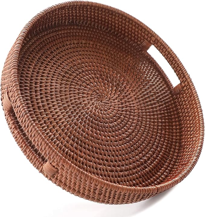 HITOMEN 11.8" Hand-Woven Round Rattan Serving Tray Decorative Wicker Trays with Handles for Coffee Table (Brown-M)