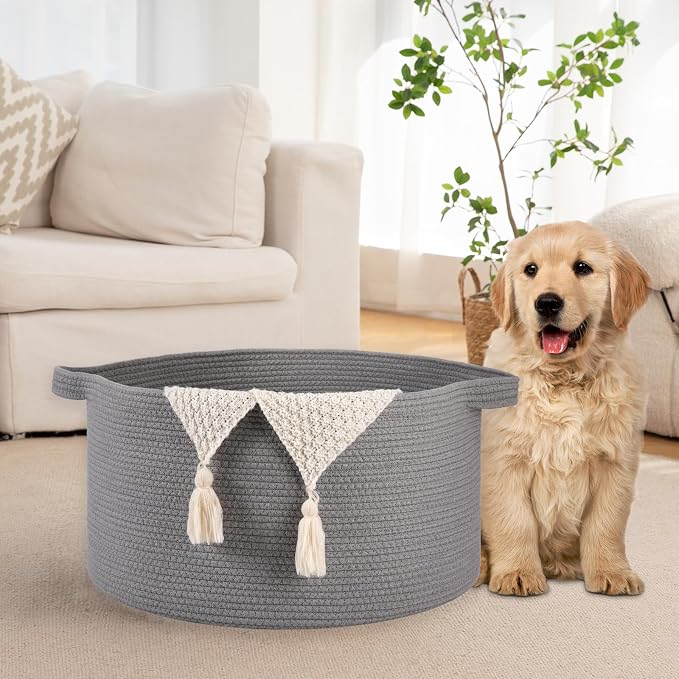 OIAHOMY 90L Extra Large Blanket Basket - Decorative Cotton Rope Storage Basket for Bedroom, Living Room & Nursery - Woven Laundry Hamper for Organizing Blankets, Clothes & Toys - Light Grey