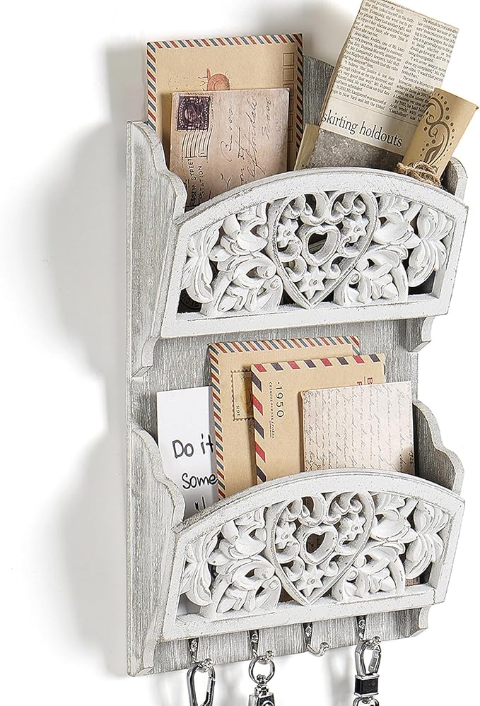 Key and Mail Holder for Wall, 2-Slot Mail Organizer Wall Mount 4 Key Hooks | Retro Hollowed-out Pattern Wooden Farmhouse Key Hangers Wall File Organizer Letter Sorter, Key Rack for Entryway Home Decor