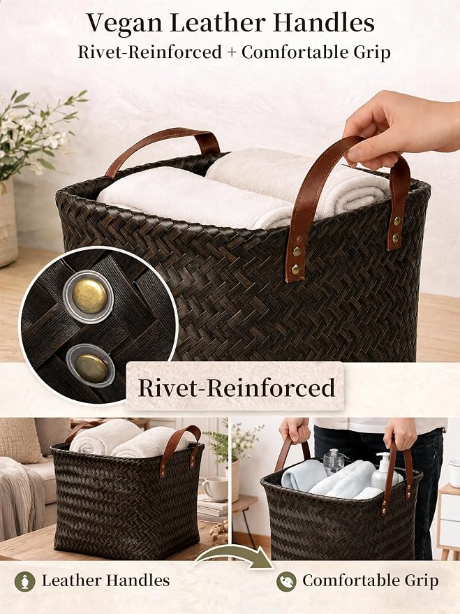 Wicker Storage Baskets, 4 Pack Woven Baskets for Shelves, Dark Gold | PP Rattan, Water-resistant Wicker Basket, Large Baskets with Faux Leather Handles for Blanket, Laundry Organizer, Room Decor