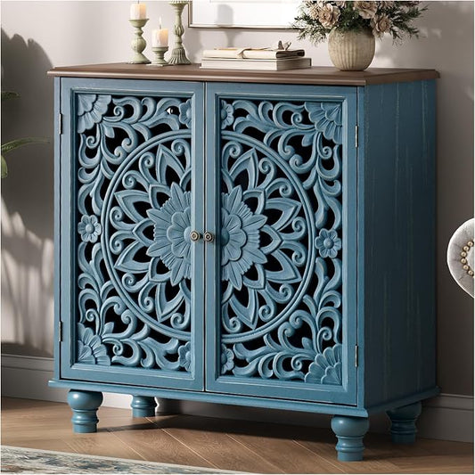 JOINICE 31" Accent Storage Cabinet with Mandala Carved Doors,Blue & Walnut | Carved Floral Design, Solid Wood Legs, Farmhouse Style, Versatile Storage for Living Room/Bedroom/Hallway, Adjustable Shelf