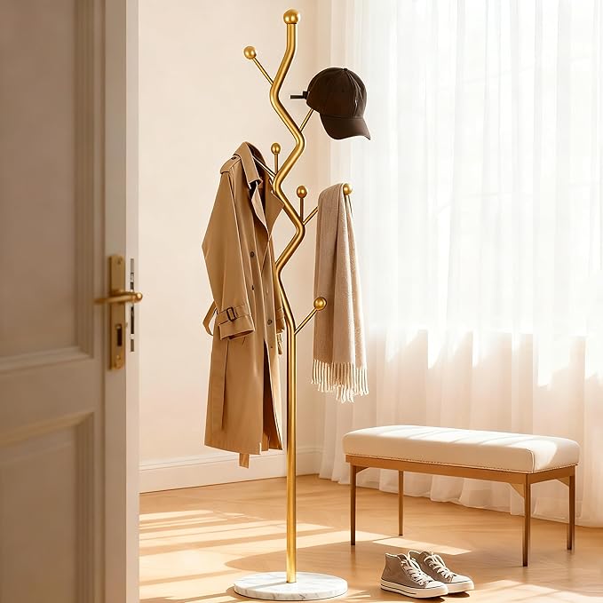 68.9 Inch Tall Modern Coat Rack,Gold Freestanding Coat Rack Tree,Heavy-Duty Metal Coat Rack Freestanding with Sturdy Marble Base for Entryway,Hallway,Bedroom,Holds Coats Hats Bags Scarves