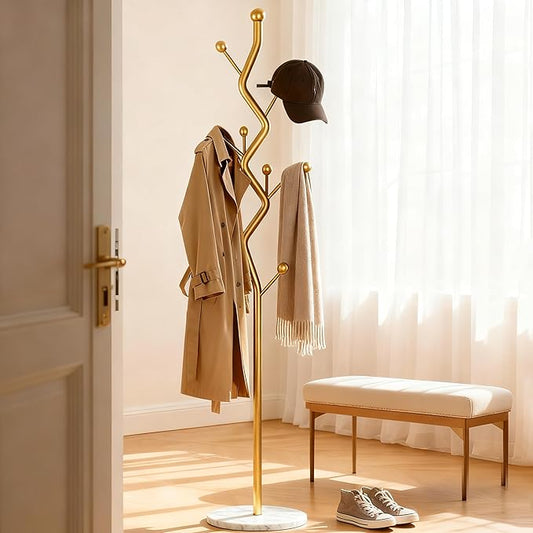 68.9 Inch Tall Modern Coat Rack,Gold Freestanding Coat Rack Tree,Heavy-Duty Metal Coat Rack Freestanding with Sturdy Marble Base for Entryway,Hallway,Bedroom,Holds Coats Hats Bags Scarves