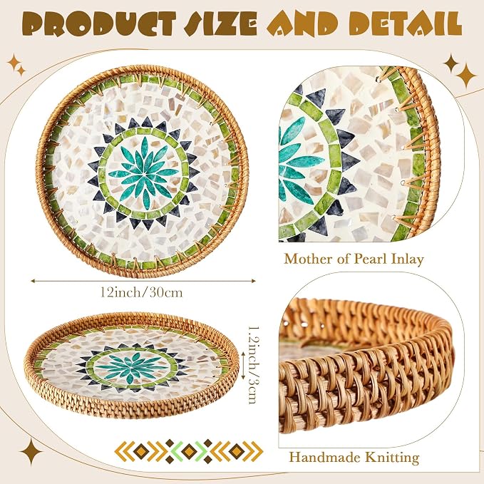 3 Pcs Round Rattan Tray with Mother of Pearl Inlay Wicker Serving Tray with Wooden Base Boho Decorative Wicker Basket for Table Decor Bathroom Candle Perfume(Vintage Style)