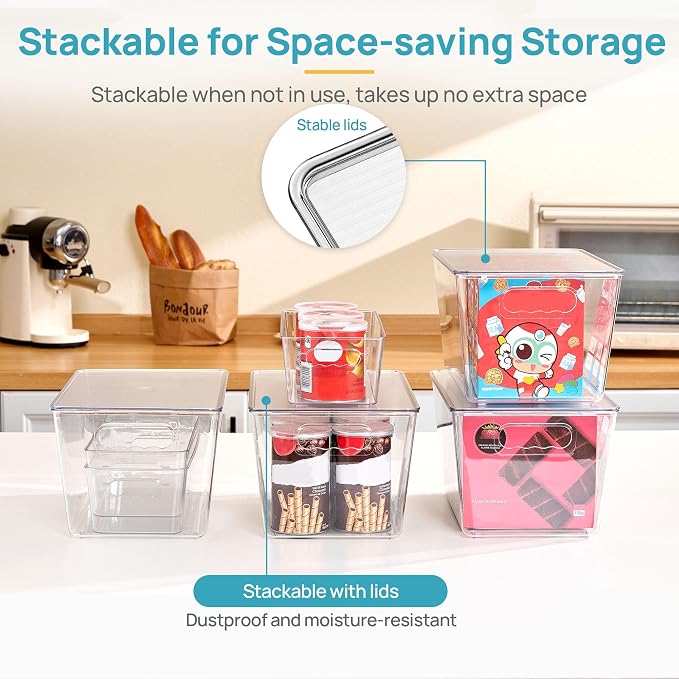Vtopmart 8 Pack Clear Storage Bins with Lid Set for Pantry Organizer | 4 Large and 4 Small Plastic Pantry Storage Bins with Handle, Storage Containers for Pantry, Kitchen, Fridge, Cabinet