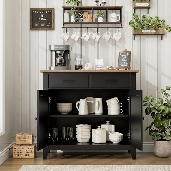 HORSTORS Farmhouse Kitchen Storage Cabinet, Small Buffet, Coffee Bar, Black