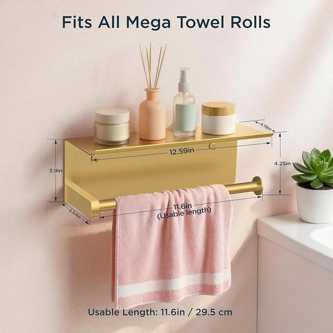 FORIOUS Wall Mount Paper Towel Holder with Shelf for Kitchen, Brushed Gold | Heavy Duty SUS304 Stainless Steel Paper Roll Organizer with Storage Spice Shelf, Screw-in for Bathroom, RV & Garage