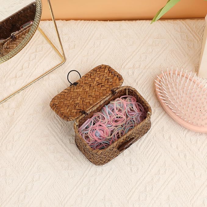 Mini Wicker Basket with Lid, Seagrass Organizer, 4.3"x2.5"x2.1" | Small Wicker Storage Basket Natural Decorative Box for Shelf, Bathroom, Home Decor