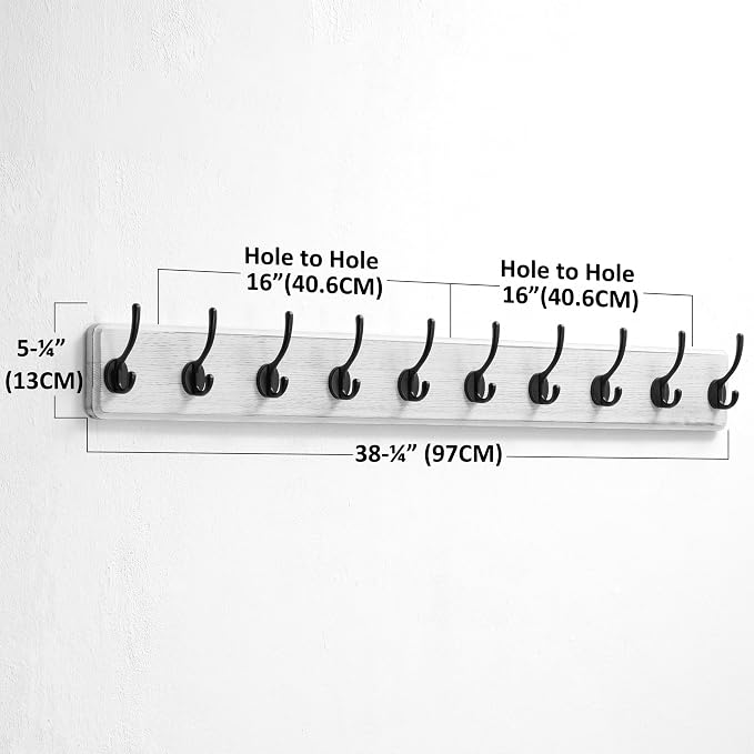 Coat Rack Wall Mount: 38-1/4" Long, Patented, Heavy-Duty, 10-Double-Hooks Wooden Hanger Rail for Winter Coats Hat Jacket Clothing, White & Black