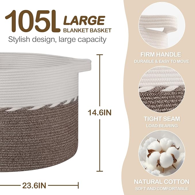 OIAHOMY 105L Extra Large Blanket Basket - Decorative Cotton Rope Storage Basket for Bedroom, Living Room & Nursery - Woven Laundry Hamper for Organizing Blankets, Clothes & Toys - Brown & White