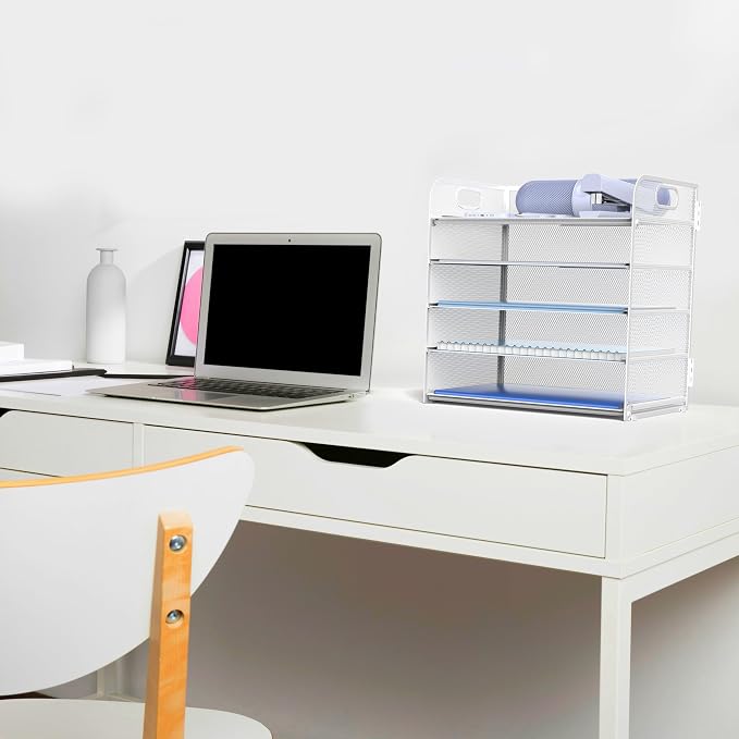 Letter Tray Paper Organizer 5-Tier Desk Organizer File Organizer Paper Holder with Handle, Metal Desktop Document Shelf Tray Office Classroom Organization - White