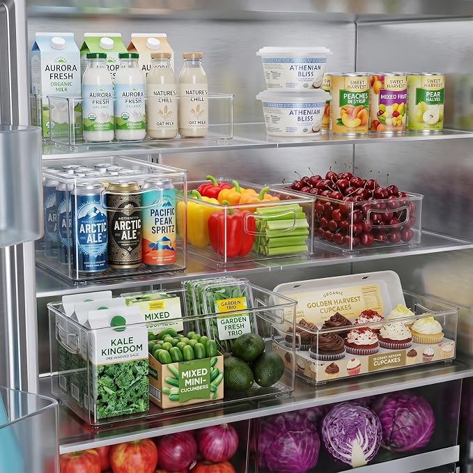 Heyuzb 8 PACK Freezer Organizer Bins Fridge Organizers and Storage Stackable Refrigerator Organizers Bins with Side Handles Clear Storage Bins for Pantry, Under Sink, Kitchen Cabinet