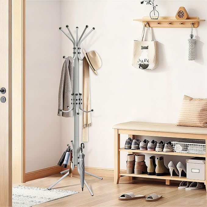 Metal Coat Rack, Freestanding Coat Tree & Hall Tree with 15 Hooks, Sturdy Coat Rack Stand and Hat Rack, Coat Hanger for Entryway, Bedroom, Office for Jackets, Hats, Bags, Grey