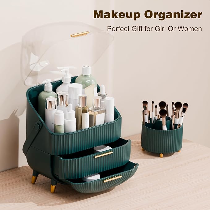 lurcns Makeup Organizers and Storage Make up Organizer for Vanity Cosmetics Skincare With Lid and Drawers Display Cases for Countertop Bathroom Women Teenager Girl Gifts(Dark Green+Brush Holder)