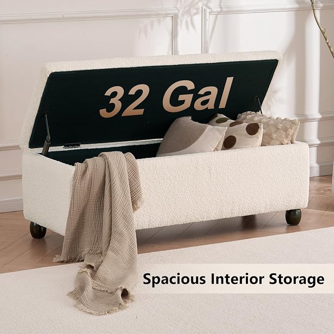 Boucle Storage Ottoman Bench, with Hidden Storage and Solid Wood Legs | Modern End of Bed Bench, Rectangle Footrest, Hidden Storage, Solid Wood Legs, Bedroom, Living Room and Entryway Use, Beige