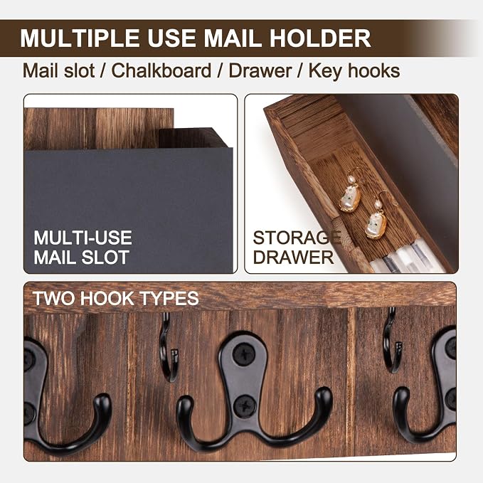Mail and Key Holder Wall Mount with Storage Drawer & Chalkboard Panel | Modern Wooden Mail Organizer for Wall Entryway, 7 key hooks, Stylish Home Decor for Apartments, Living Room, Office
