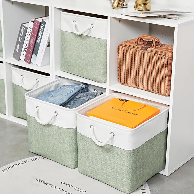 13 Inch 6 Pack Foldable Fabric Storage Basket with Handles | Home Cube Storage Basket,Large Cube Storage Bins,Closet Storage, Home Organizer(White&Green)
