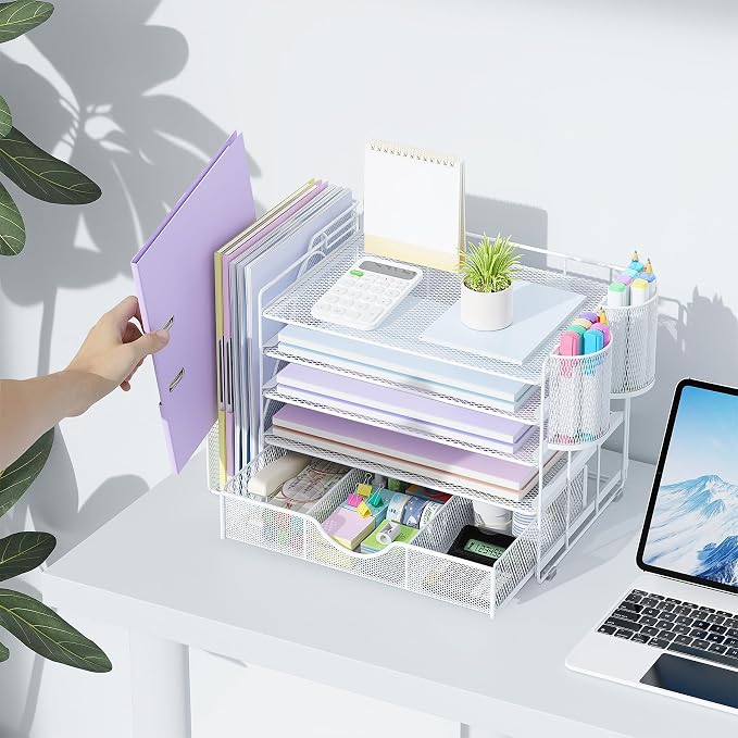 gianotter 5-Tier Desk Organizer with Drawers and File Holders | Letter Trays and Pen Holders - Workspace Accessories for Office Supplies (White)