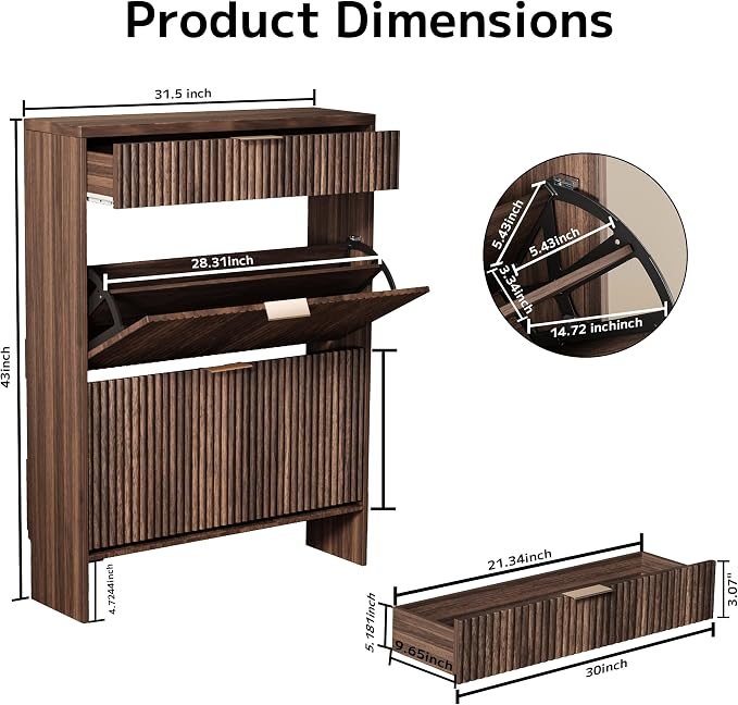Fluted Shoe Cabinet Storage with 2 Flip Drawers & 1 Drawers, Wood Narrow Hidden Shoe Cabinet for Entryway, Freestanding Slim Shoe Rack Organizer for Foyer Hallway Living Room(Walnut)
