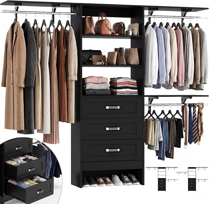 8FT Closet System with 3 Curved Drawers, 96'' Wooden Walk-in Closet Organizer with 3 Top Shelves, Adjustable Organizer System with 3 Hanging Rods, Built-in Wardrobe Storage Rack for 4-8 ft, Black