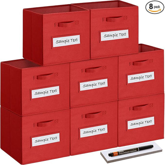 13x13x13 storage cube bins(Set of 8) Fabric storage cubes with 8 Labels Window Cards & a Pen, storage cubes 13x13, Collapsible 13 inch cube storage bins, Cubby Organizer Boxes, Red