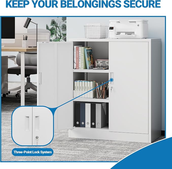 Metal Storage Cabinet, 36" Locking Cabinet with Adjustable Shelves for Garage, Office (White)
