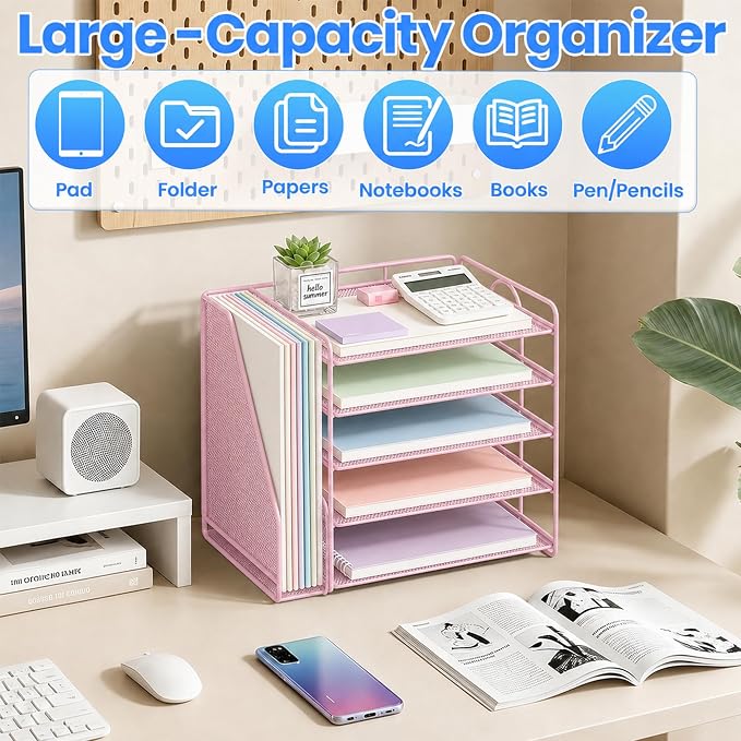 OPNICE Desk Organizer, 5-Tier Paper Organizer Letter Tray with Magazine Holder, Office Desk Accessories & Workspace Organizers, Desktop File Organizer for Office Supplies Storage, Pink
