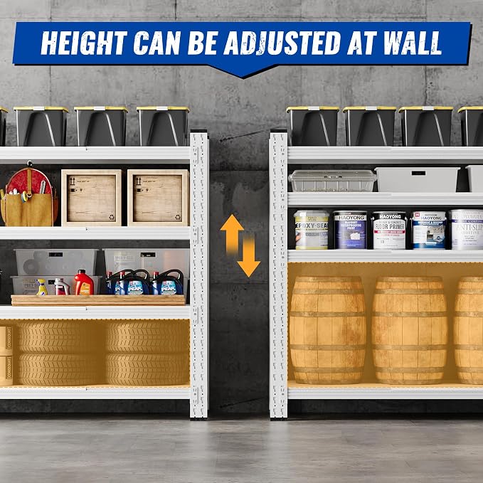 BYNSOE 71" W Storage Shelves 5000lbs Garage Metal Shelving Heavy Duty Garage Shelves Adjustable Storage Shelves for Industrial, Factory (White, 71" W x 24" D x 69" H)