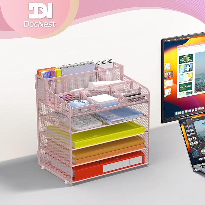Docnest 5 Tier Mesh Desk Organizer with Letter Tray & Paper Sorter, Pink | Features 3 built-in pen holders & 5 adjustable compartments on top. Includes 4 non-slip rubber feet for desk protection