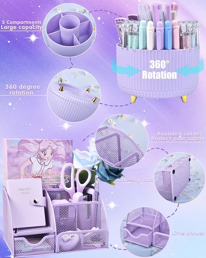 LXEVIHK 21Pcs Purple Desk Organizers and Accessories With Mesh Desk Organizer and 360°Rotating Pen Holder and a Lot of Office Purple Office Supplies Beautifully Presented in a Gift Box