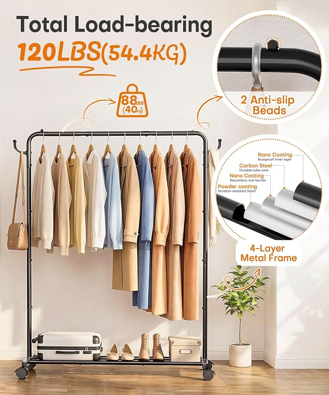 Homde Portable Clothes Rack for Bedroom: 4 Lockable Wheel Move Room-to-Room | Laundry to Closet in 1 Smooth Roll - No Heavy Lifting for Renters & Movers - 88 lbs Hanging Rod for Garment Coat to T-Shirt
