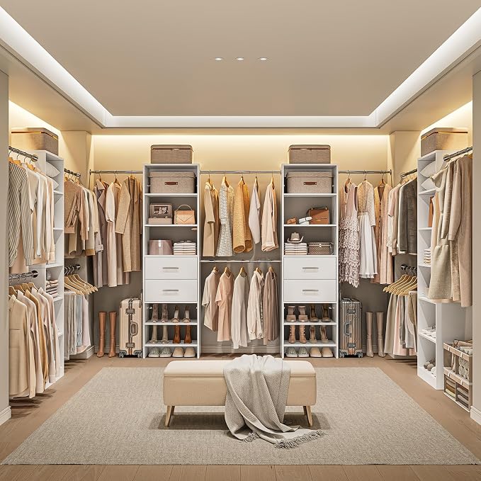 W2 Closet System with 2 Drawers, 3.5FT-7.7FT Closet Organizer System with 4 Chrome-Plated Telescopic Rods & 5 Adjustable Shelves, Custom Wood Walk-In Closet Clothing Rack, White