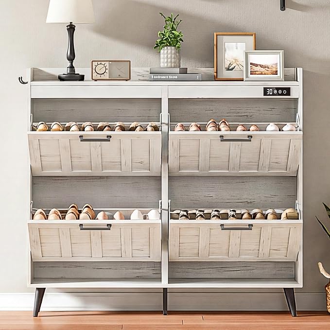ChooChoo Shoe Storage Cabinet with 4 Flip Drawers and Deodorizer | Shoe Organizer Storage for Entryway, Freestanding Hidden Slim Narrow Shoe Rack Cabinet, Antique White