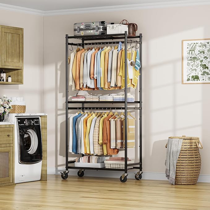 Simple Trending Clothing Rack, Portable Closet, Clothes Rack, Black | Wardrobe Closet with Mesh Shelves & Hooks, Metal Garment Rack, 360° Lockable Wheels, Multi-Functional, for Bedroom, Laundry
