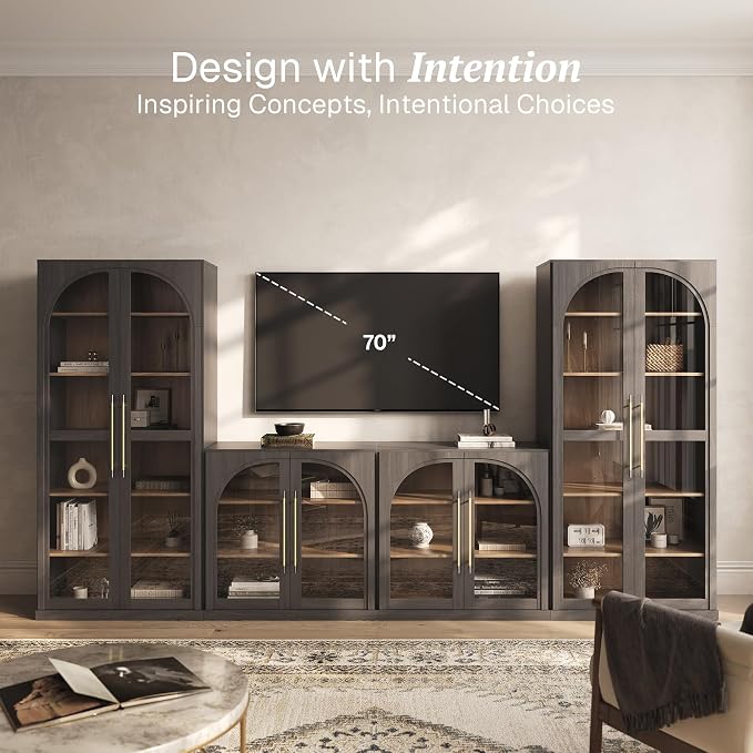 BELLEZE 4-Piece Modular TV Stand Set - 2 Arched Glass Door Sideboard Buffet and 2 Tall Storage Cabinets, Classic Modern Modular Entertainment Center with Adjustable Shelves for Living Room(Ebony)
