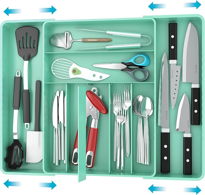 Simple Houseware Expandable Kitchen Drawer Flatware Organizer, Turquoise | Expandable & Adjustable Cutlery Drawer Organizer - Large Utensil and Flatware Tray for Kitchen Drawers