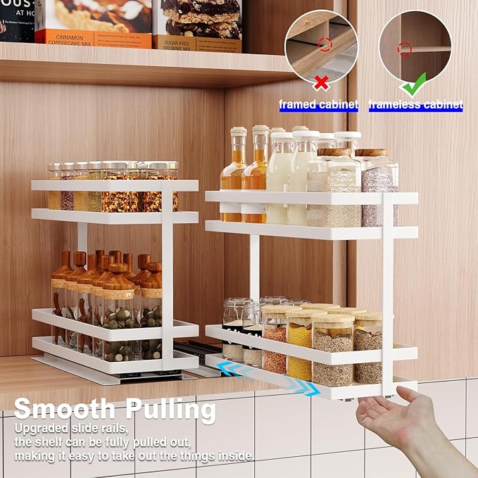 Mustorn 4 Pack Pull Out Spice Rack Organizer for Cabinet, 2 Tier Metal Slide Out Seasoning Organizer and Storage Heavy Duty Vertical Spice Rack Shelf Pullout for Kitchen Cabinets No Drilling (White)