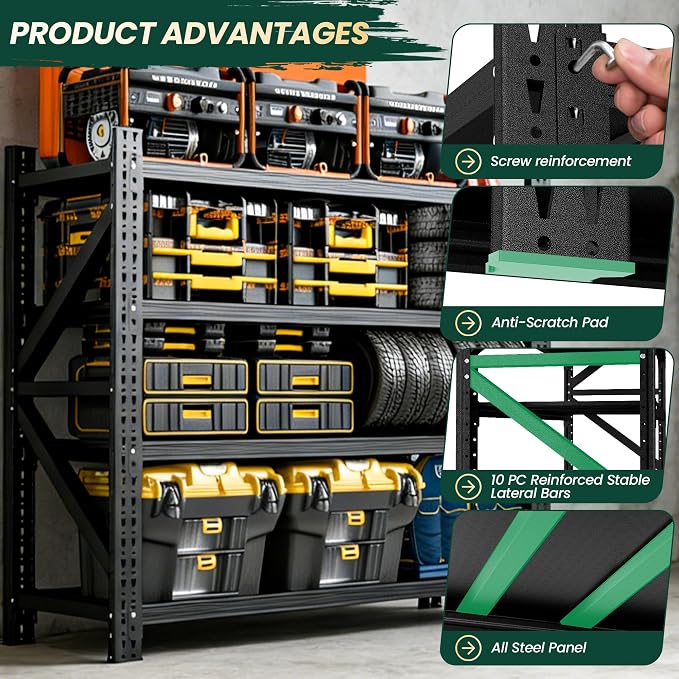 Heavy Duty Garage Storage Shelves, 71" Wide Metal Shelving Unit, 6000LBS Capacity, 4-Tier Adjustable Industrial Rack for Warehouse Basement Shop, 71" W x 24" D x 69" H